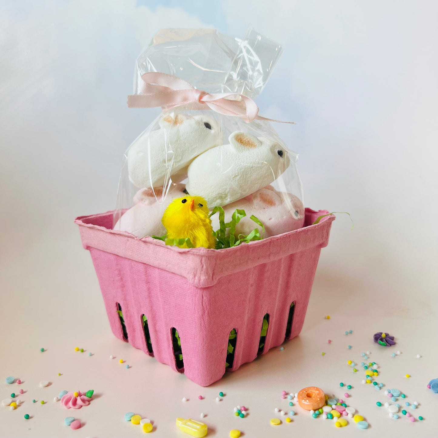 Marshmallow bunnies in a pink basket